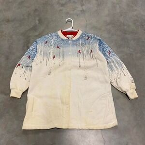 Vintage y2k 90s white Christmas snow cardinal robin aop cardigan